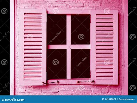 Pink Colored Window Shutters On The Pink Brick Wall Stock Image Image