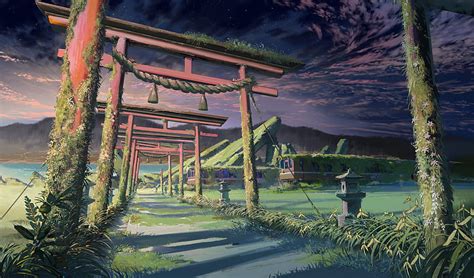 Torii Shrine Anime Landscape Ruins Train Locomotive Plants Stars
