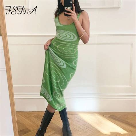 Print Knit Bodycon Dress Women Green Y2k Summer Hollow Out Sexy
