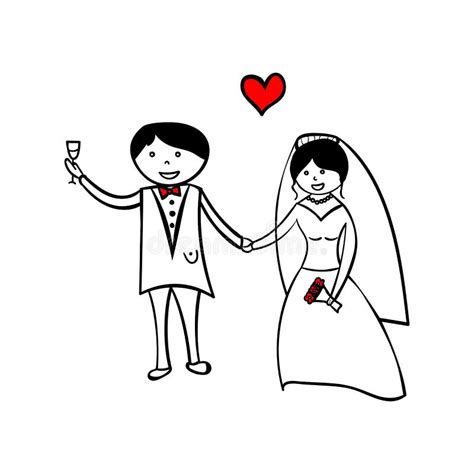 Hand Drawing Cartoon Happy Couple Wedding Stock Vector Illustration