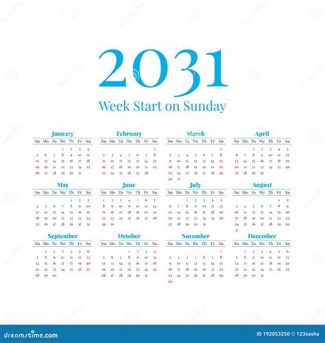 2031 Calendar With The Weeks Start On Sunday Stock Vector
