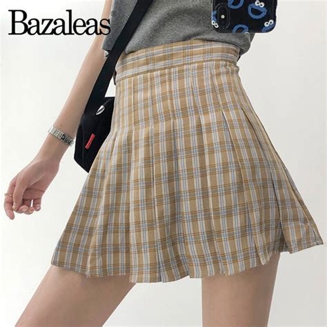 Bazaleas Sexy Plaid Pleated Skirts Harajuku Tartan Cream Women Skirt Fashion Mini Skirt Side