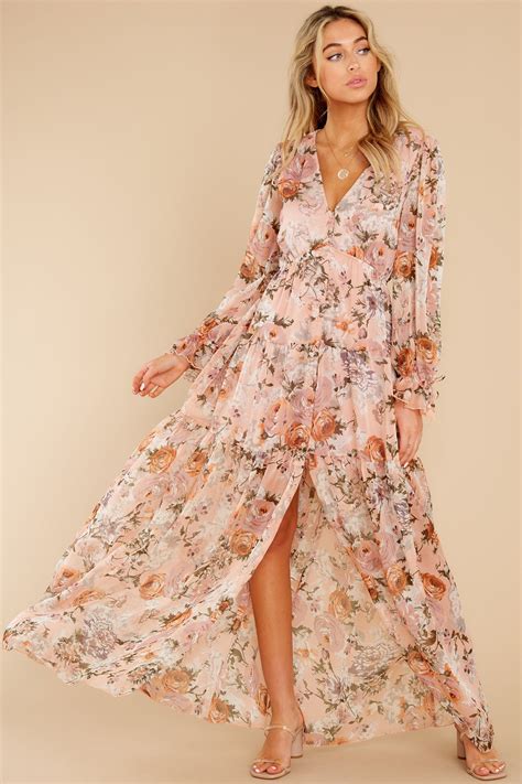 Showing Off Peach Floral Print Maxi Dress Floral Print Maxi Dress Women Long Sleeve Dress