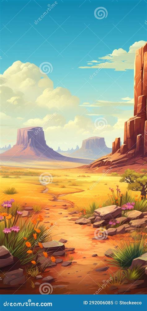 Wild West Landscape Cartoon Illustration With Vibrant Colors Stock