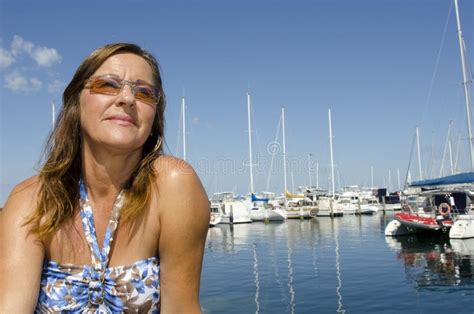 Portrait Beautiful Mature Woman In Yacht Harbour Stock Image Image Of