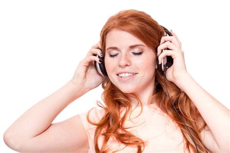 Attractive Happy Woman With Headphones Listen To Music Isolated Stock