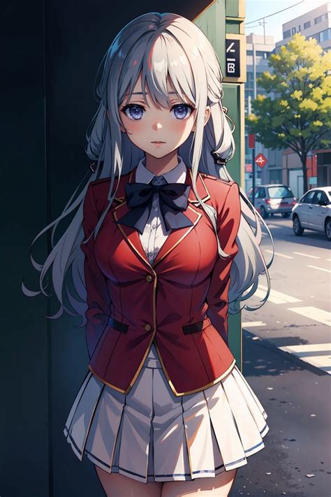An Anime Girl Standing Next To A Pole On The Side Of A Road With Cars