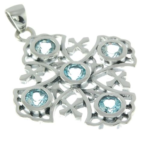 Christian Stone Pendants Large Blue Topaz Jerusalem Cross Silver