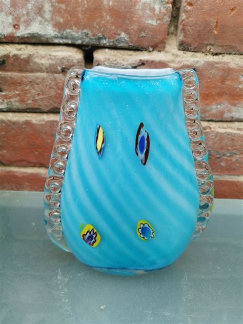 Turquoise Murano Mid Century Purse Vase Murano Glass Mid Century