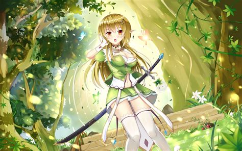 wallpaper forest illustration blonde long hair anime girls thigh highs red eyes sword