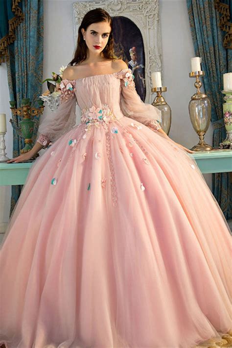 Off The Shoulder Long Sleeves Ball Quinceanera Dress With Flowers Prom