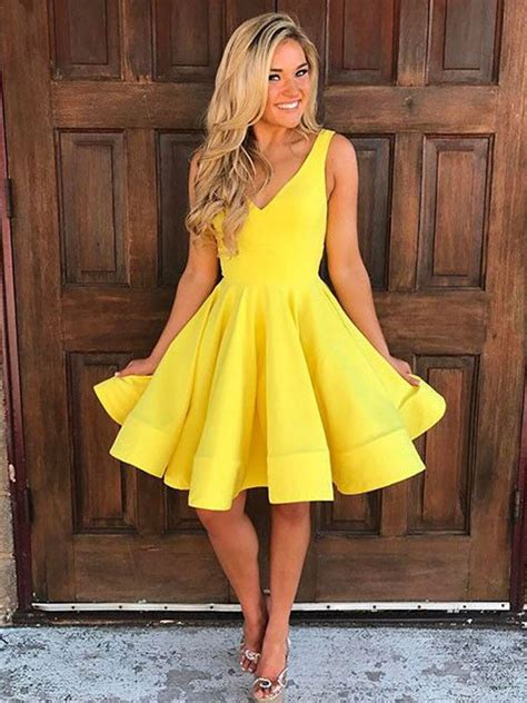 Cute A Line V Neck Open Back Yellow Short Homecoming Dresses With