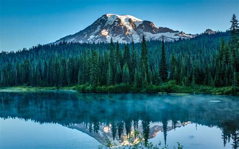 447591 Lake Reflection Trees Clouds Forest Snowy Mountain Nature