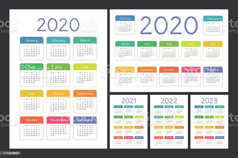 Calendar 2020 2021 2022 And 2023 English Color Vector Set Kids Wall Or
