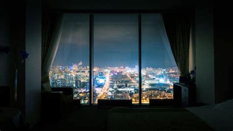 Night City Skyline View Dark Empty Room With Panoramic Window 4k Uhd