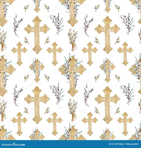 Watercolor Seamless Pattern Of Wooden Christian Crosses Woth Willow