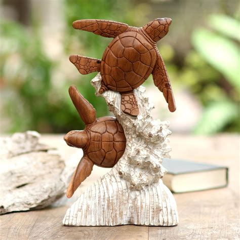 Handmade Suar Wood Turtle Sculpture From Bali Turtles And Coral Novica