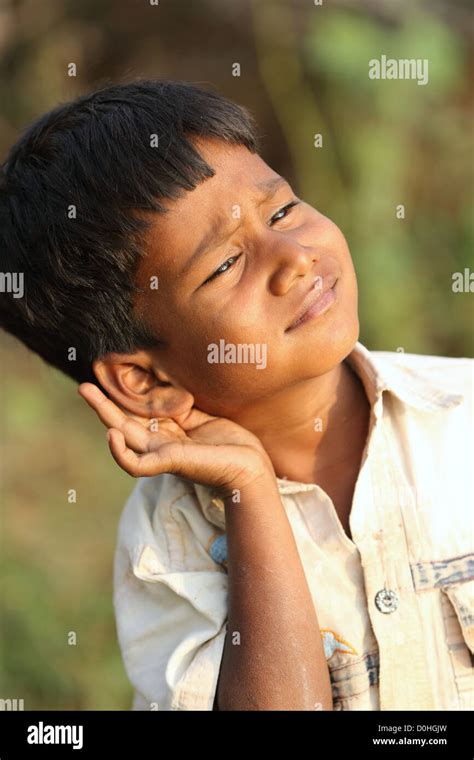 Indian Boy Cupping His Ear To Improve Hearing Andhra Pradesh South