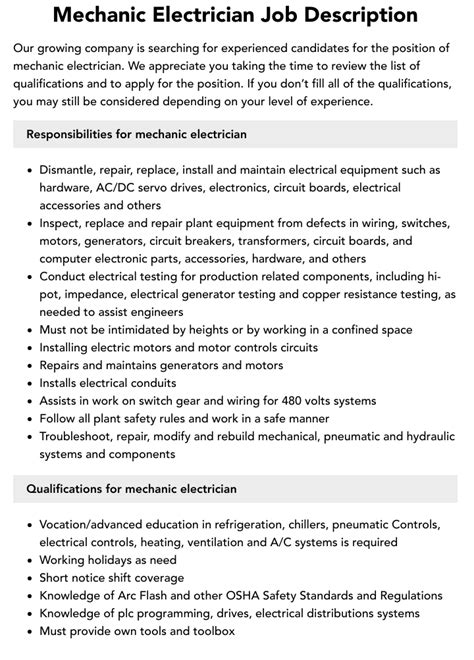 Mechanic Electrician Job Description Velvet Jobs