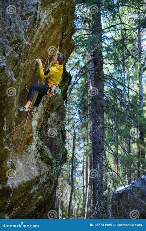 Male Climber Climbing Overhanging Rockoutdoor Active Lifestyle Stock