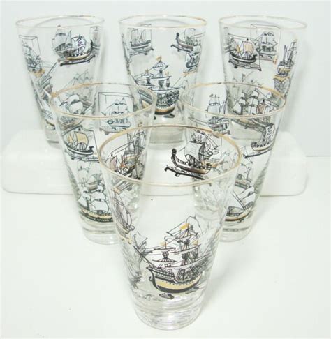 Libbey Sailing Ships Curio Tumblers Vintage Double Old Fashioned Glasses Set 6 Ebay