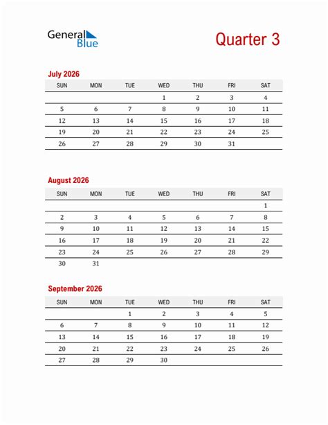 Quarter 3 2026 Calendar Printable Pdf Word Excel