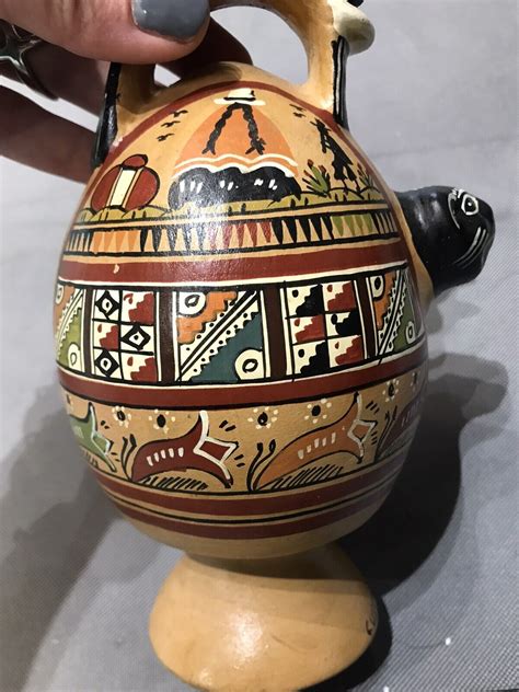 Vintage Signed Cusco Peru Art Pottery Chicha Jug Painted Jaguar Rooster Rare EBay