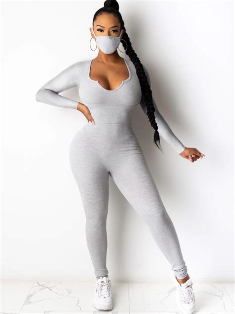 Wholesale Pure Color Long Sleeve Bodycon Jumpsuit Without Mask