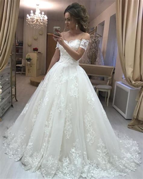 Lace Embroidery Off Shoulder Tulle Wedding Dresses