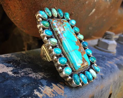 Huge Navajo Turquoise Cluster Ring For Women Size 775 Signed Zuni