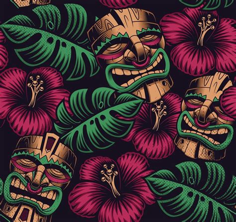 Seamless Color Pattern With Tiki Masks And Leaves 1267103 Vector Art At