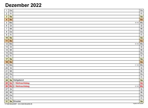 Kalender Dezember 2022 Als Excel Vorlagen