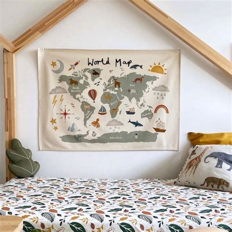 World Map Wall Hanging Large 100 Unbleached Organic Cotton Etsy