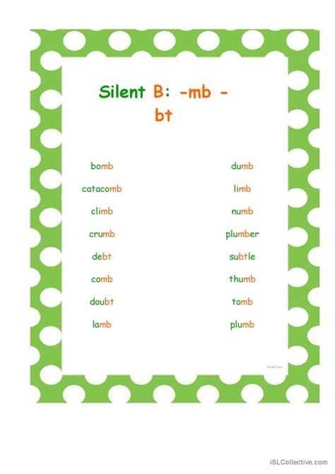 Silent B Mb Bt Wordlist General English Esl Worksheets Pdf And Doc