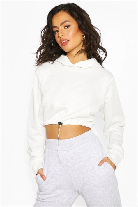 Drawcord Cropped Hoodie In 2022 White Long Sleeve Crop Top Crop Top