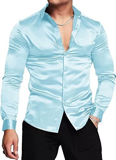 Mens Silk Shirts Long Sleeve Luxury Shiny Silk Satin Party Dress Shirt
