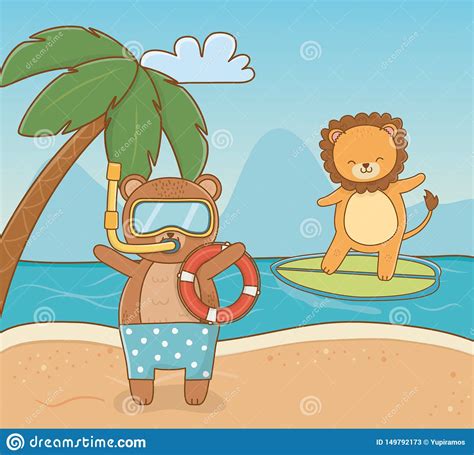 Cheap jumpsuits, buy quality women's clothing directly from china suppliers:summer designer cartoon print strappy jumpsuit womens 2020 new cotton pockets jumpsuits large size casual. Bear And Lion Cartoon In Summer Season Design Stock Vector ...