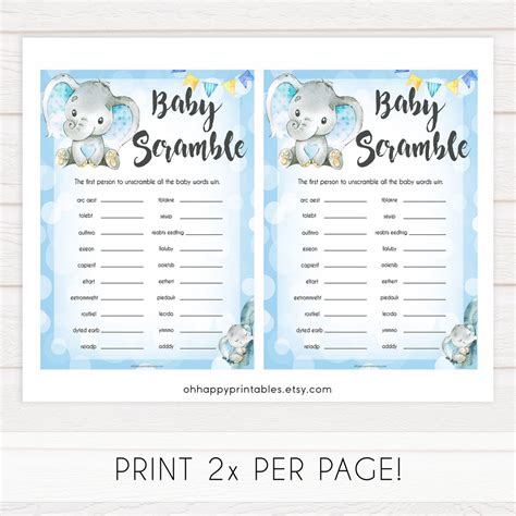 From invitations and popular games to essential decorations. Baby Shower Word Scramble - Blue Elephants Printable Baby Games - OhHappyPrintables