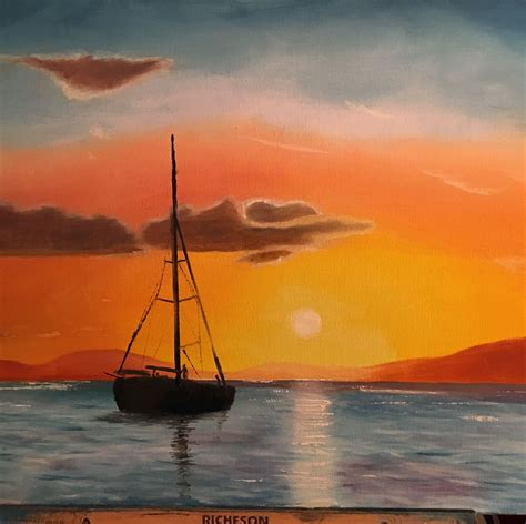Boat On A Lake At Sunset Oil Painting 16x20 3212018 Oil Painting