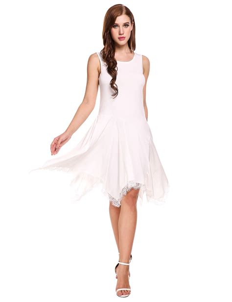 White Sleeveless Lace Trimming Asymmetrical Casual Dress | Casual dress ...