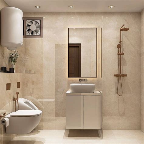 Beige Modern Small Bathroom Design Idea With Wall Mounted Vanity Livspace
