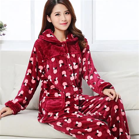 Girls Winter Warm Sleepwear Women Flannel Pajamas Adult Coral Fleece Long Sleeves Homewear