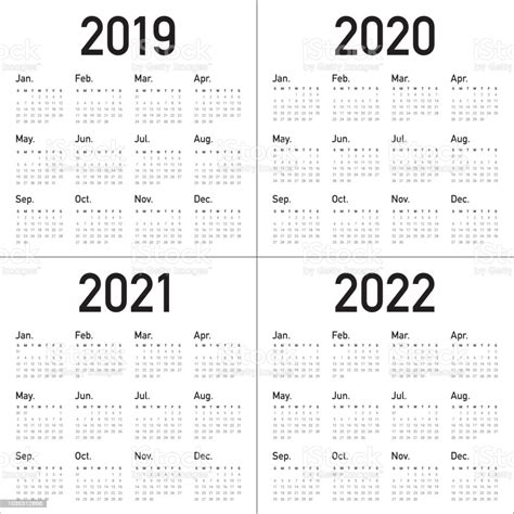 Year 2019 2020 2021 2022 Calendar Vector Design Template Stock