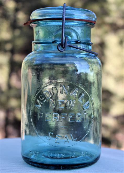 Antique 1910 Mcdonald Blue Glass Fruit Jar With Glass Lid Blue Bubble