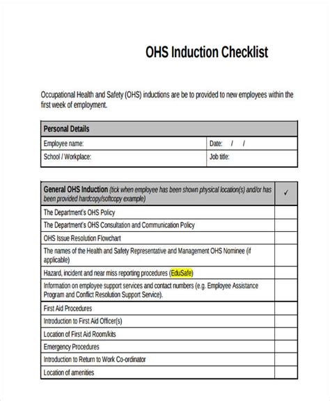 Induction Checklist Sample Pdf Template
