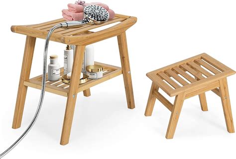 Bamboo Shower Bench With Foot Stool Shower Seat Bench With Underneath Storage Shelf Spa Bath