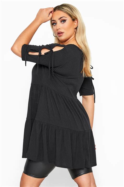 LIMITED COLLECTION Black Ribbed Tie Sleeve Tiered Tunic Dress | Yours ...