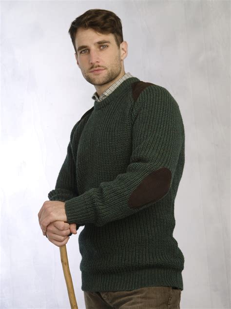 Mens Wool Sweater With Elbow Patches Irish Fishermans Rib 100 Pure
