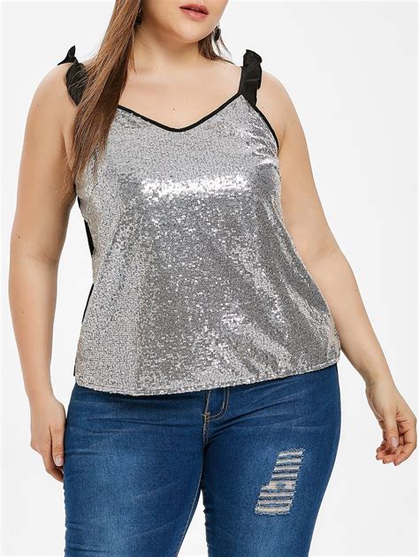 Off Sequins Flounced Plus Size Tank Top In Silver Dresslily