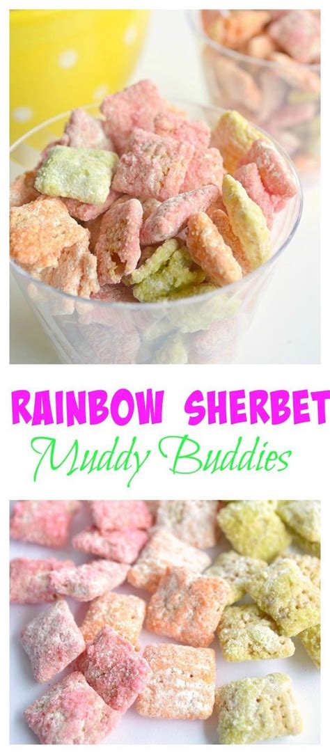 Put the cereal in a large bowl (you want to be able to mix. Rainbow Sherbet Muddy Buddies | Puppy chow snack, Chex mix ...